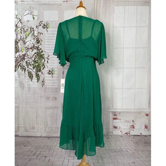 New Calvin Klein Dress 8 Chiffon Flutter Sleeve Green High-low Ruffle Faux Wrap - Picture 4 of 10